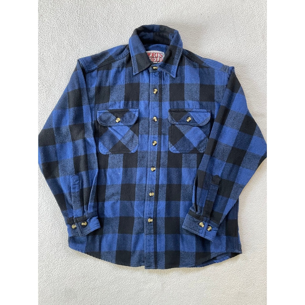 Sports Afield Mens Medium Flannel Shirt Blue Black Buffalo Plaid Cotton Thick